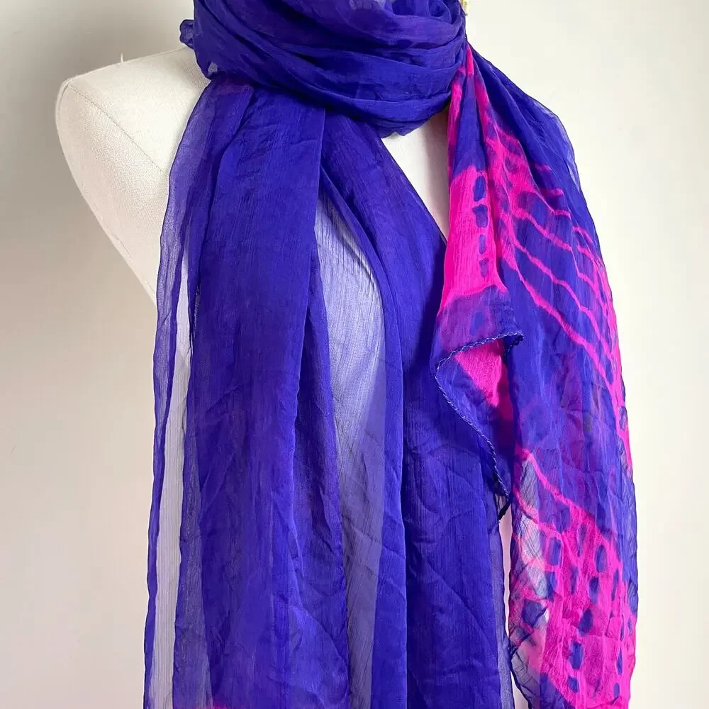 Vintage‎ Oversized Tie Dye Silk Scarf Wrap Colorful Dopamine Festival Boho